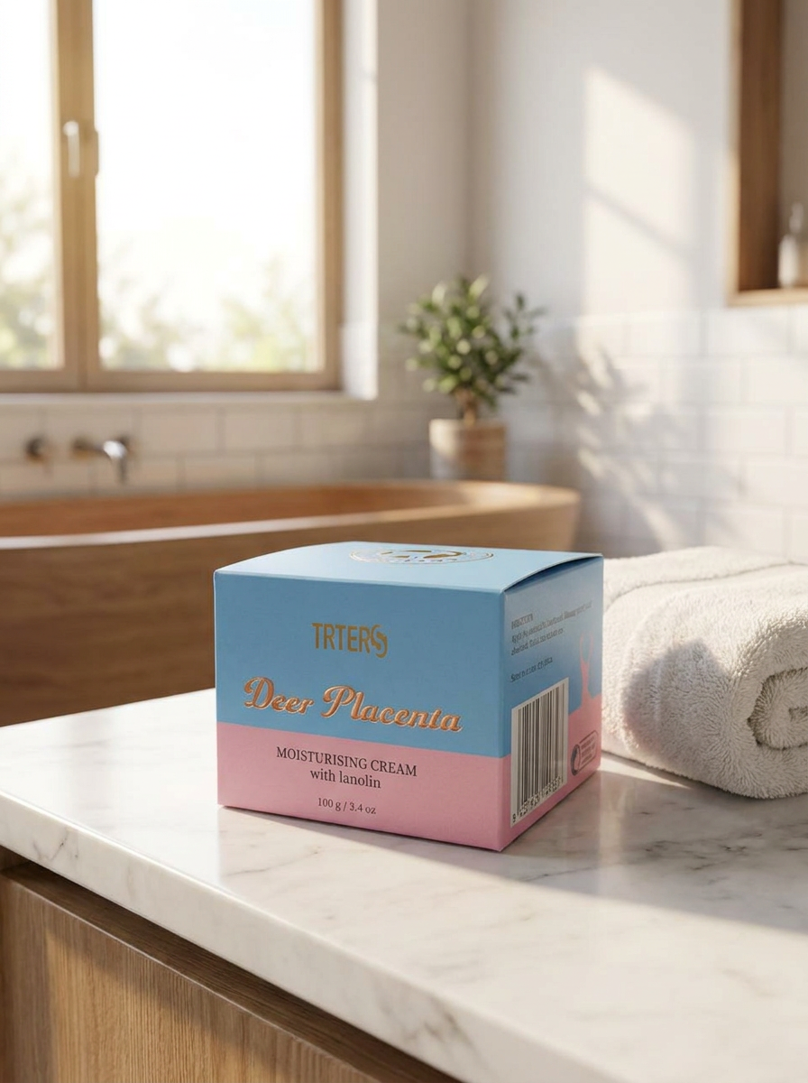 TRTERS Deer Placenta cream styled on a soft marble surface